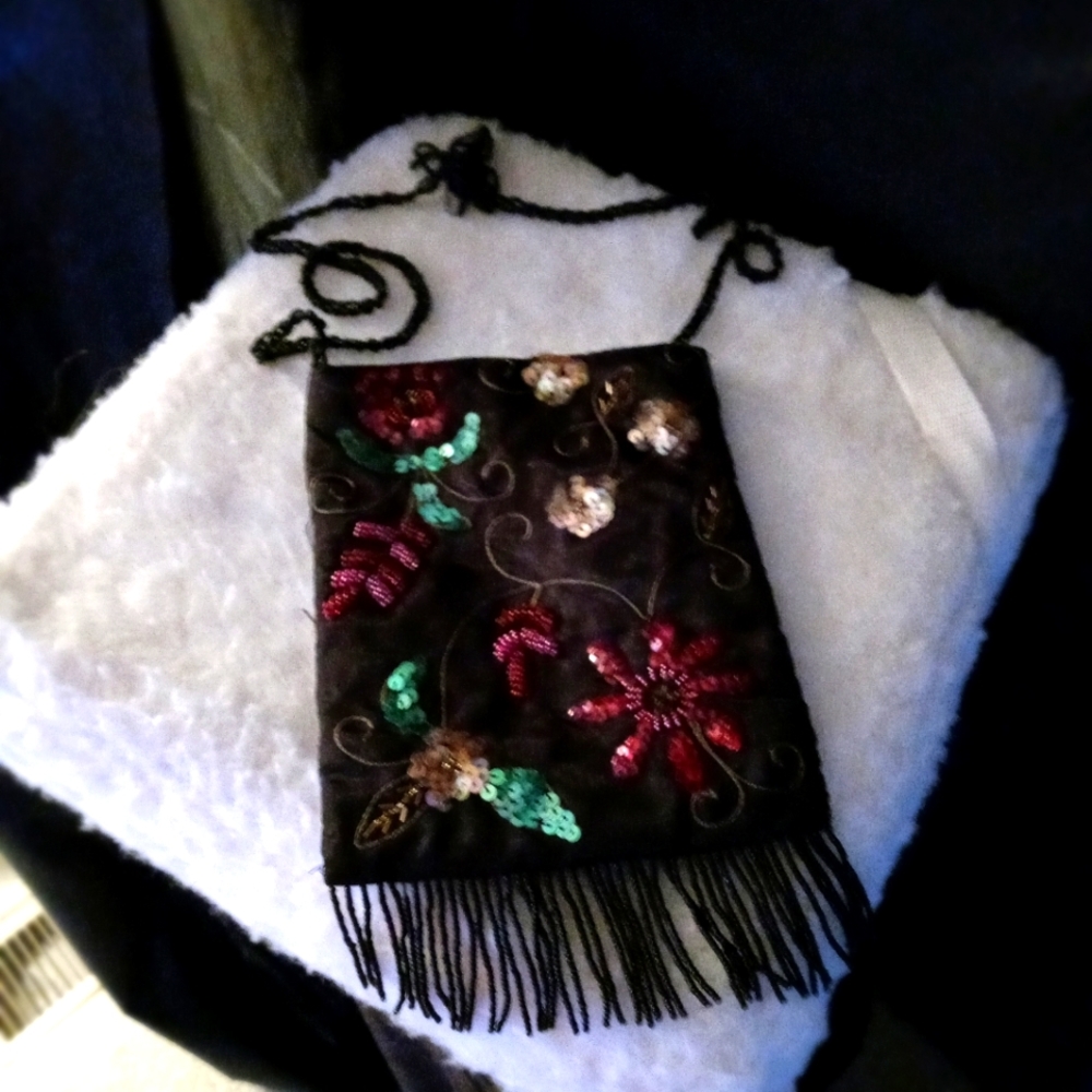 Hand Made Beaded Formal Bag With beaded strap Black with Zipper close.